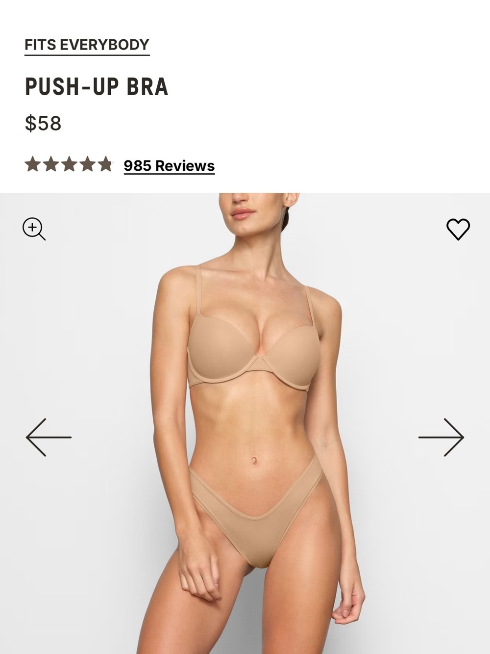NWT SKIMS “Fits Everybody” Demi Push-Up Bra, 34C, Nude
